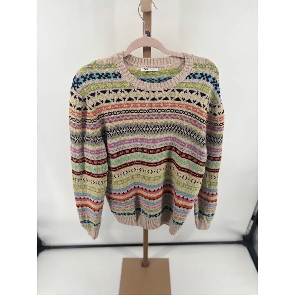 Zara Geometric Pattern Knit Sweater Multicolor Crewneck Women XL Nordic Style